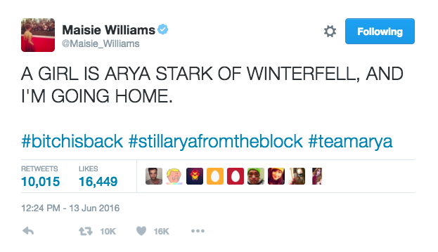 Many people are very happy about it - including, it seems, Maisie Williams (who plays Arya). She shared this awesome tweet not long after the episode aired: