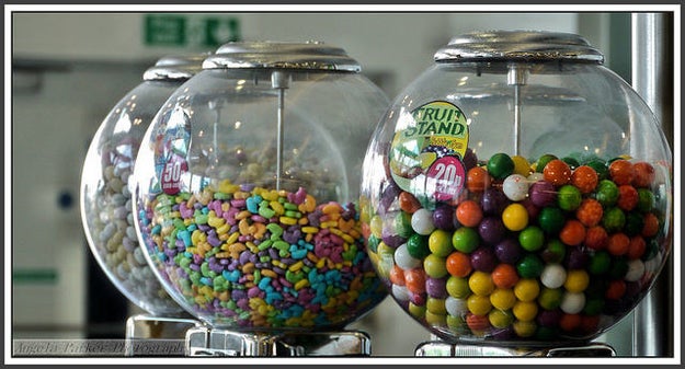 Stands containing sweets that have been there for a questionable amount of time.