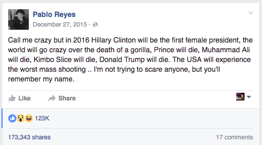 Pablo Reyes a récemment posté ce statut sur son compte Facebook. Mais si vous regardez attentivement, vous aurez l'impression qu'il l'a en fait posté en décembre dernier. Dans ce statut, il fait tout plein de prédictions, dont certaines se sont réellement passées, comme la mort de Prince et de Mohamed Ali, et la tuerie d'Orlando.