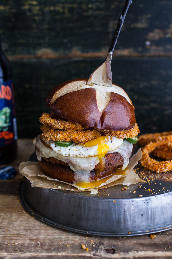 Sweet Potato Black Bean Chili Burger With Baked Cheddar Beer Onion Rings