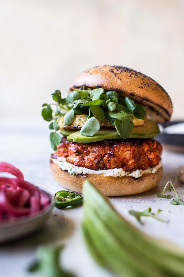 Blackened Salmon Burger With Herbed Cream Cheese