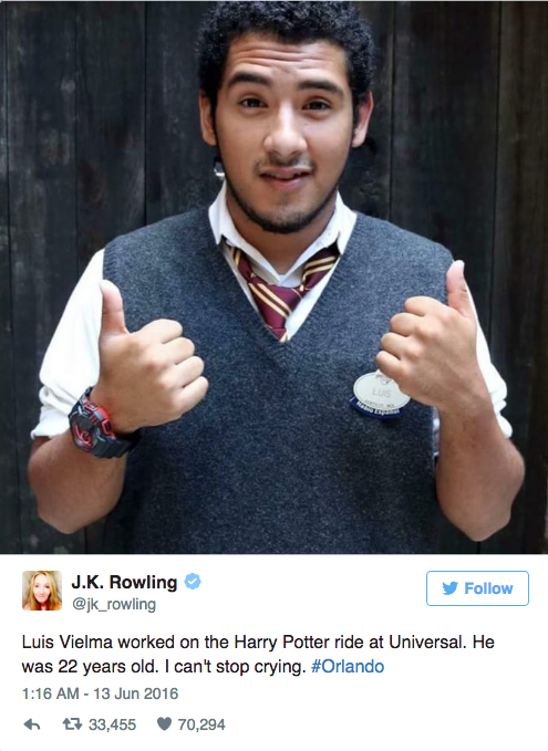 Author J.K. Rowling paid tribute to Vielma on Twitter, after learning the young man worked at The Wizarding World of Harry Potter at Universal Studios.