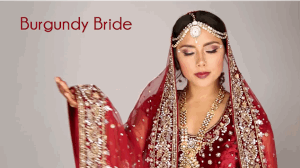 This dramatic look consists of an intricate sari, pearls, and a crownlike tikka. The makeup is more dramatic, complete with gems and rhinestones.