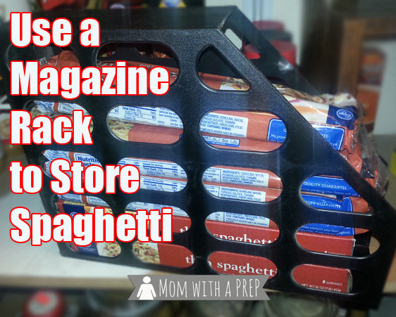 Stack your boxes and bags of spaghetti in a magazine rack so they stay in one place.