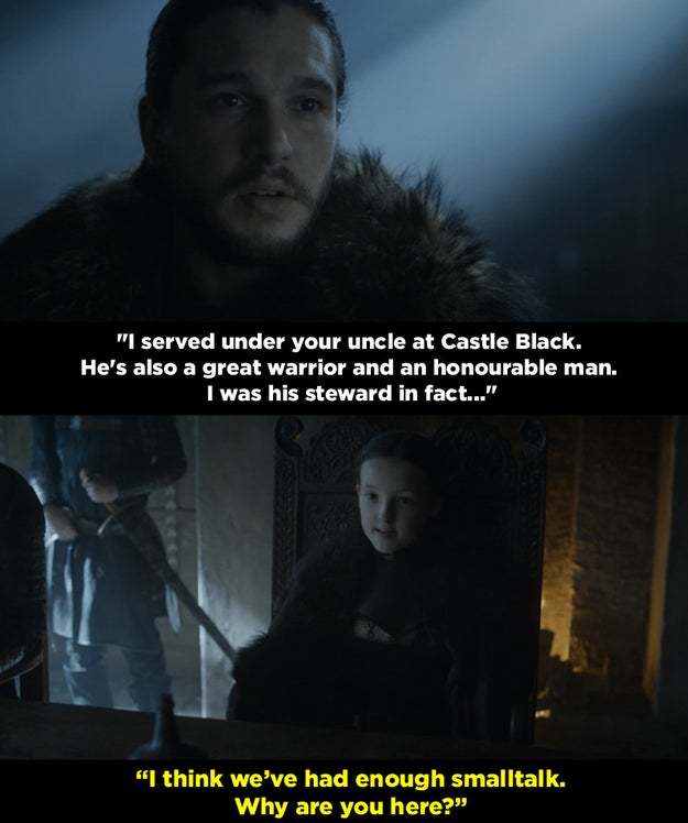 This is just a couple of weeks after the ten-year-old leader of Bear Island was sassy to Jon Snow, Sansa and Davos.