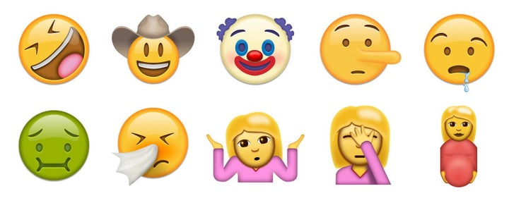 A bunch of new people-related emojis have been added, such as the "rolling on the floor laughing" face, the creepy clown, and a pregnant woman.