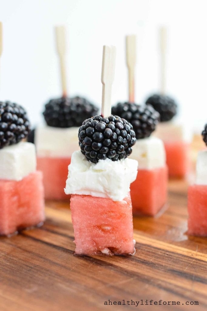 watermelon, cheese, and berry kebabs