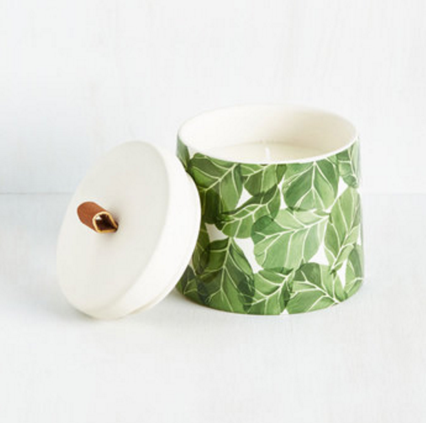 This green fig and bamboo–scented candle.
