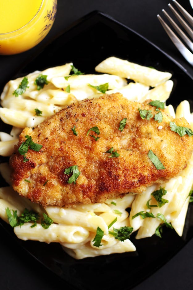 Crispy Lemon Chicken with Creamy Garlic Penne Pasta