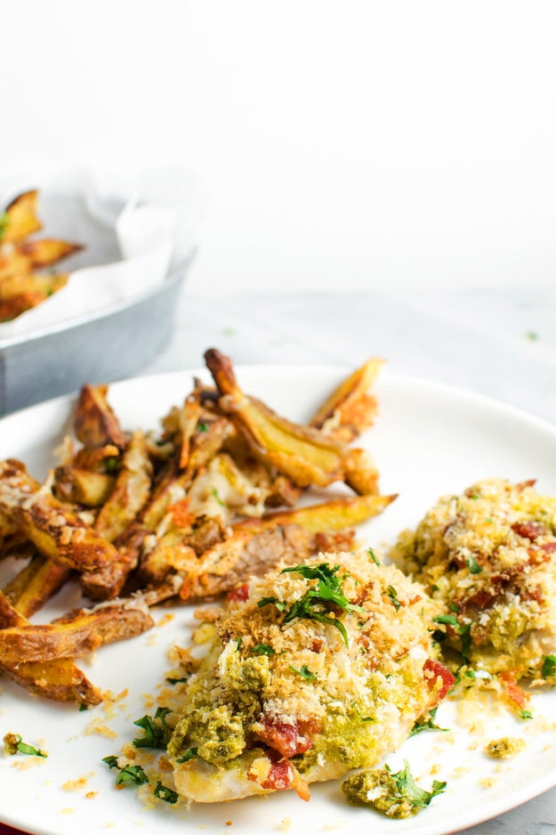 Pesto and Bacon Chicken Breast with Parmesan Potato Fries