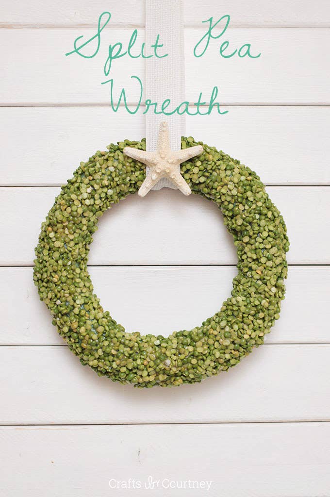 You'll need a foam wreath, Mod Podge and split peas... all stuff you can get at the dollar store. Find the tutorial at Mod Podge Rocks.