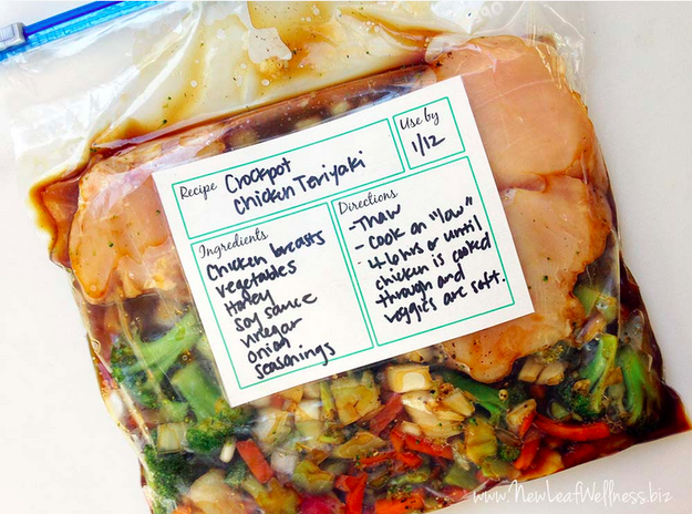 Prep a bunch of slow-cooker "dump dinners" that you can freeze, so that you're never without dinner on a busy day.