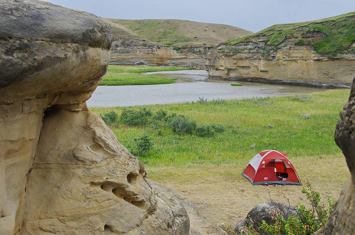 Go camping on the dreamlike, prairie landscape along Milk River. The adventurous traveller can canoe into a designated campsite like the one at Poverty Rock (pictured) if they pack out what they pack in, or drive into car-accessible campsites at Writing-on-Stone provincial park. The truly unique hoodoos (tent-like rock formations) are certainly something to be appreciated.