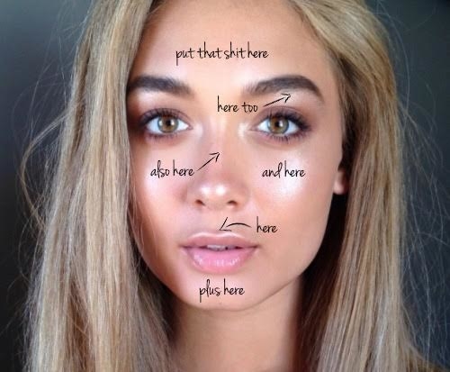 3. Be careful to only use highlighter where it will catch light, so, on your cheekbones, along your temples, down the bridge of your nose, and above your cupid bow. By doing this you will be sure to enhance your natural features.