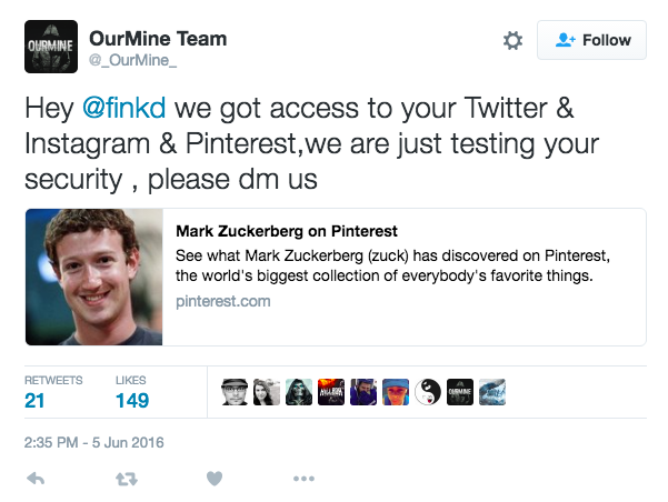 Venture Beat reported the hackers OurMine Team briefly took control of Zuckerberg's accounts, before they were suspended.