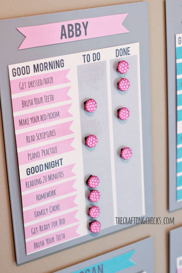 Here's how to make them. They're re-useable each day, and the kids can be responsible for checking off their own chores.