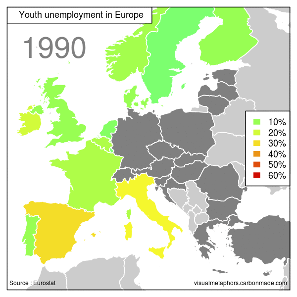 Chômage des jeunes entre 1990 et 2013