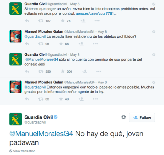 Y cuando la Guardia Civil respondió a este joven padawan.