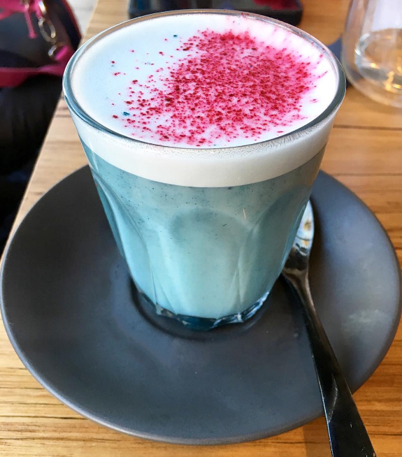 The $8 latte contains E3 live blue algae, lemon, ginger agave, and coconut mylk. Interesting, right?
