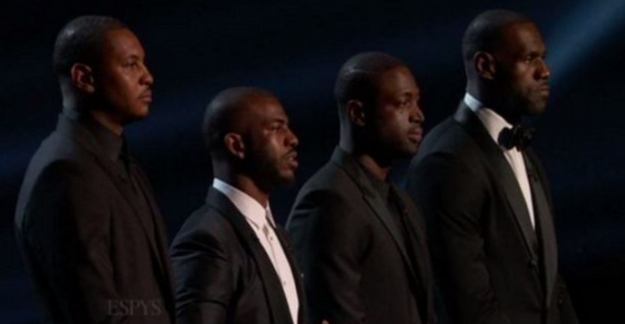 At the start of the 2016 ESPY Awards, 
Carmelo Anthony, Chris Paul, Dwyane Wade and LeBron James all shared the stage to share a message about gun violence and racial justice.