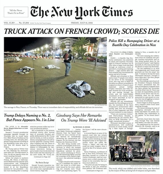 Newspaper Front Pages Around The World React To The Attack In Nice