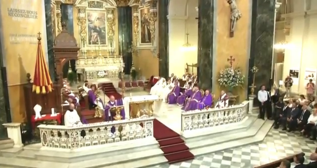 A church service is underway at Cathédrale Sainte-Réparate honoring the victims