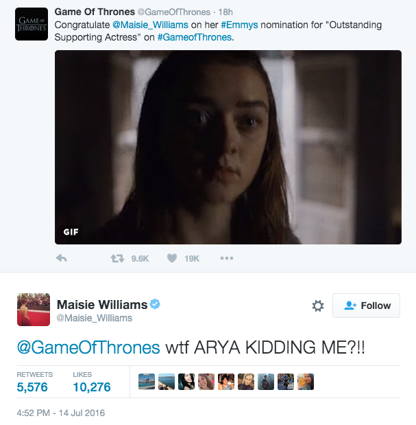 Her response to the Game of Thrones Twitter account was the best part, tbh.