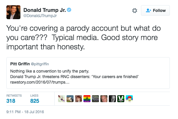 Real Donald Trump, Jr. even chastised Raw Story for running with that fake tweet (Raw Story has since corrected its article).