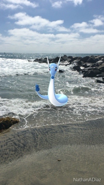 Dragonair dips his tail into the ocean at Carlsbad Beach in California.