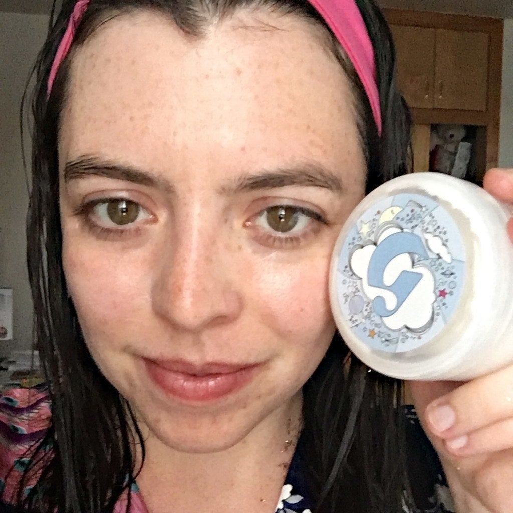 Me with the Glossier mask on; instructions say to use a &quot;thin layer&quot;, so it doesn&#x27;t look quite as white as the photos on their site do.