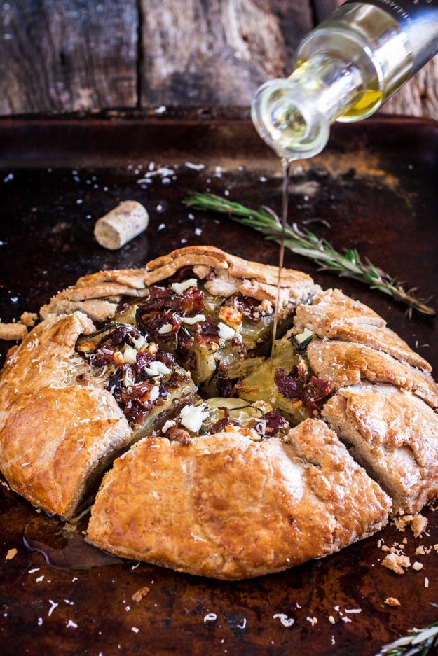 Potato Galette with Caramelized Onion, Bacon, Goat Cheese and Rosemary