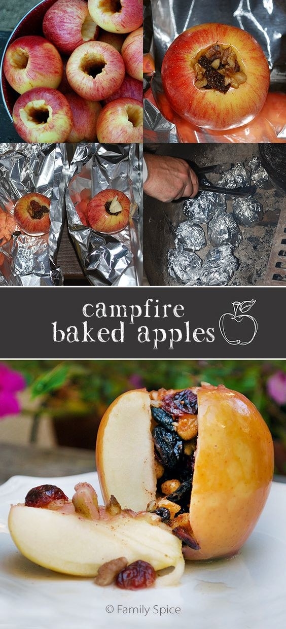 For a quick healthy snack, carve an apple, fill it with trail mix, and bake it on the fire.