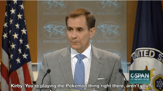 "You're playing the Pokémon thing right there, aren't you?" he asked, pointing to a reporter in the briefing room crowd.