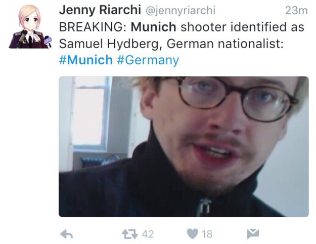 Some are sharing this man's photo and identifying him as someone named Samuel Hydberg who is the shooter. That is not his name, and he is not a suspect in Munich.