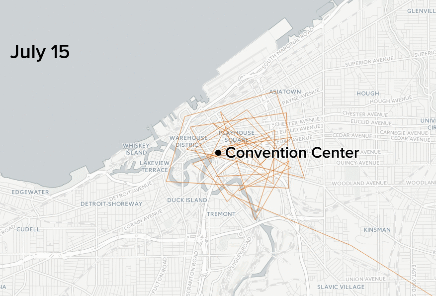 Federal and state aircraft flying over Cleveland, before, during, and immediately after the Republican convention, which ran July 18-21. Individual transponder detections for each aircraft are connected by lines to show the overall pattern. (In reality, the aircraft were flying in smoother circles.) Green lines indicate the Department of Homeland Security, purple the Ohio Department of Public Safety, and orange Midwest Aerial Imaging.