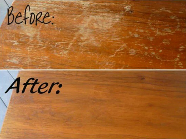 You can use 1/4 cup of vinegar and 3/4 cup of olive oil to remove scratches from wooden furniture.