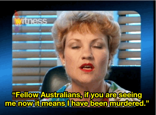 Hanson says the threats to her life eventually led to her stepping away from the limelight, but that created a big problem: her poll numbers started dropping. So her adviser, David Oldfield, devised a plan to get her back in the headlines: a death tape. Hanson claims she was wary of making the tape and never intended for it to be seen publicly. But it was quickly leaked, and Hanson was roundly mocked.
