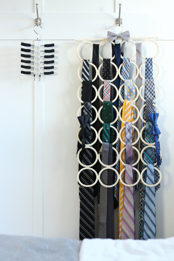 Instead of hanging ties on a traditional tie organizer, use a more spacious one made for scarves.