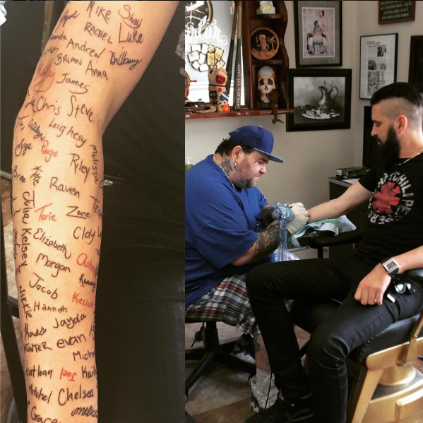 Nash has tattooed the signatures from 120 of the suicide notes he's received on his right arm. "It’s so moving to me to think, wow, these kids think I’m that big a part of their life and their story," he said. The tattoos show that they're a part of his life, too.