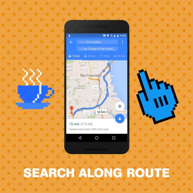 Google Maps allows you to add pit stops along your way without having to exit your current navigation. And you can also see important information such as detour time added, gas prices, and ratings.