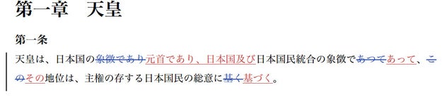 自民党が2012年につくった「憲法改正草案」と現行憲法の違いを、Wordの編集履歴機能を使ってまとめた。青字は削られた、赤字は加えられたところ。