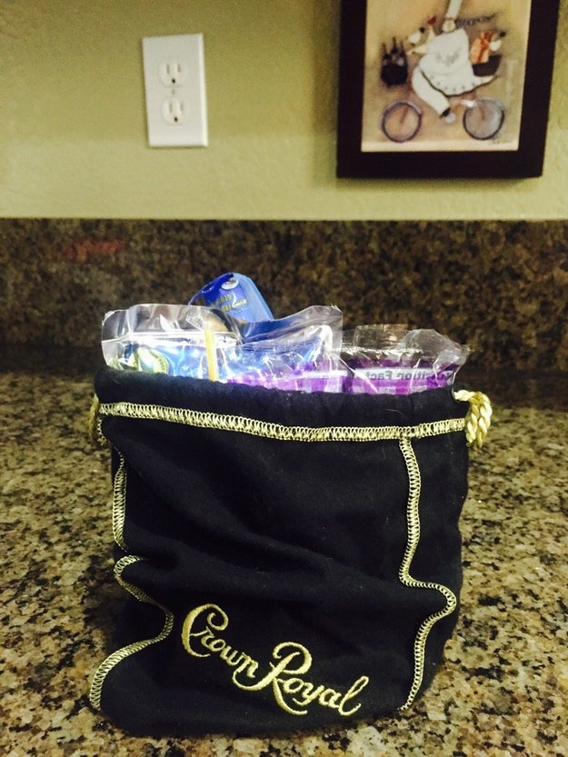 This kid's lunch packed in a Crown Royal bag: