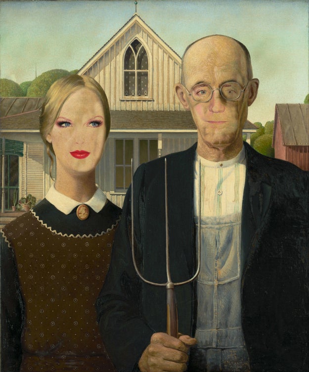 Taylor Swift and Tom Hiddleston as Grant Wood's American Gothic