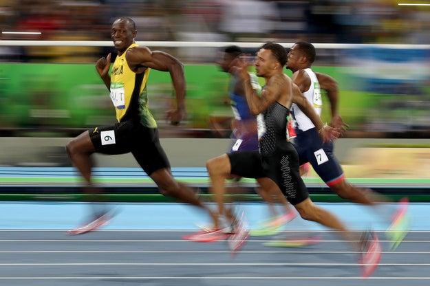 The world's fastest man, Usain Bolt, competed in the men's 100-metre semifinal today just 30 minutes before winning gold in the final, and breezed past the competition with absolute ease. So much so, he took time to turn his head and give his competitors a cheeky smile.