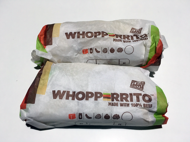 We got ourselves two Whopperritos from the local Burger King for $2.99 and we — correction, I — couldn't WAIT to bite into this beautiful monstrosity.