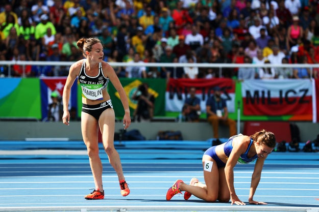 While both Hamblin and D'Agostino fell and hit the track after a stumble, it was soon clear that D'Agostino was too injured to get back up.