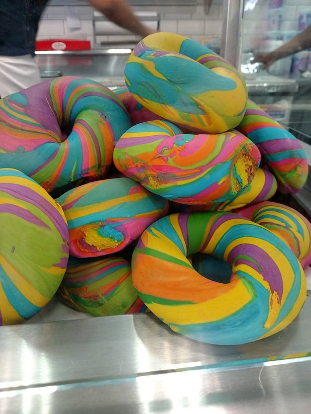 The mufgel is a creation from The Bagel Store in Williamsburg, Brooklyn, known for its rainbow bagels.