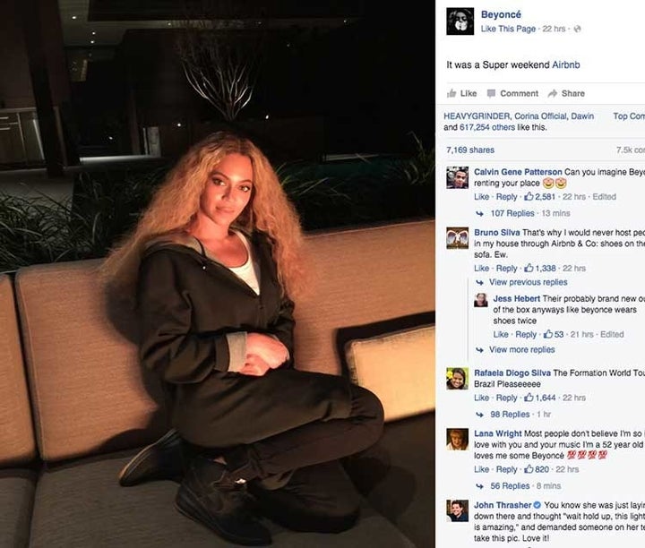 On her Facebook, Beyonce posted this photo with the caption, "it was a Super weekend @Airbnb":