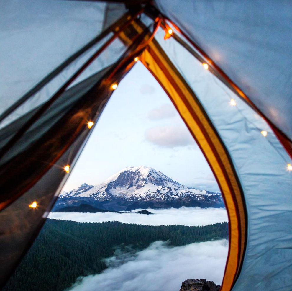 Or this twilight view of Mt. Rainier from the comfort of a tent?