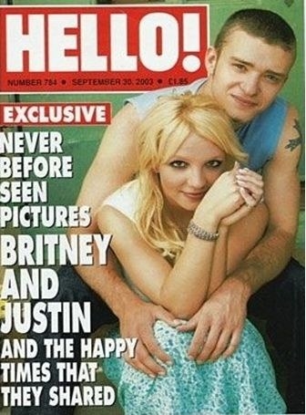 Cover of Hello! magazine with the headline: Never Before Seen Pictures Britney and Justin and the Happy Times That They Shared